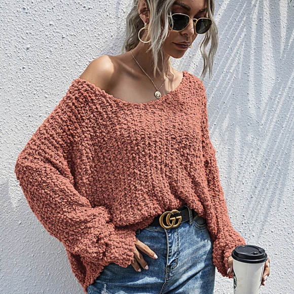 oversized off shoulder popcorn sweater redwood - Picture 5 of 14